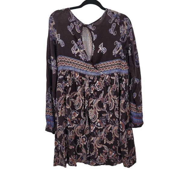 Womens Knox Rose Dress Boho Oversized Long Sleeve Mini Tunic Paisley Brown Sz S - Picture 2 of 5